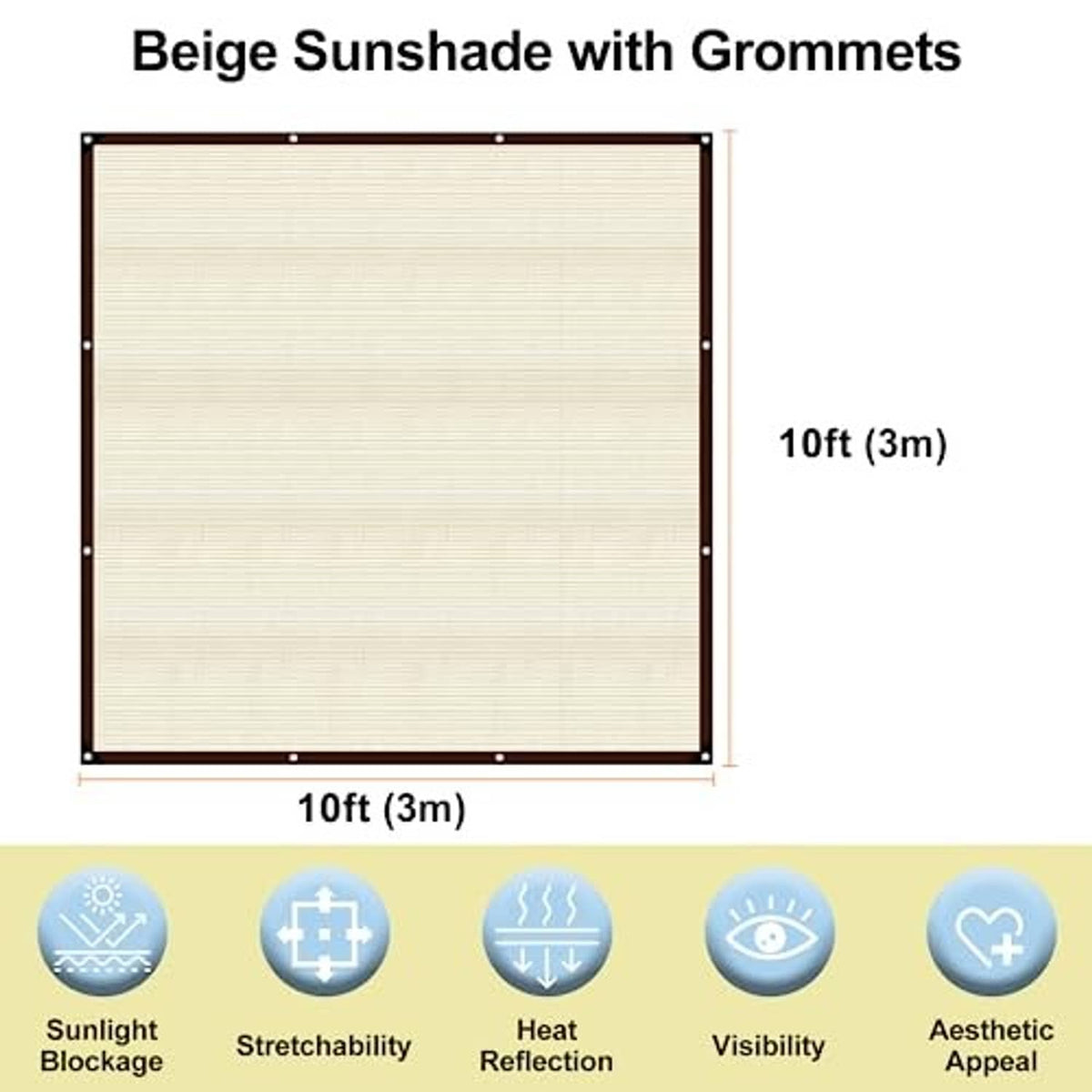 Beige patio sunshade cloth panel with dark edge trim and corner grommets