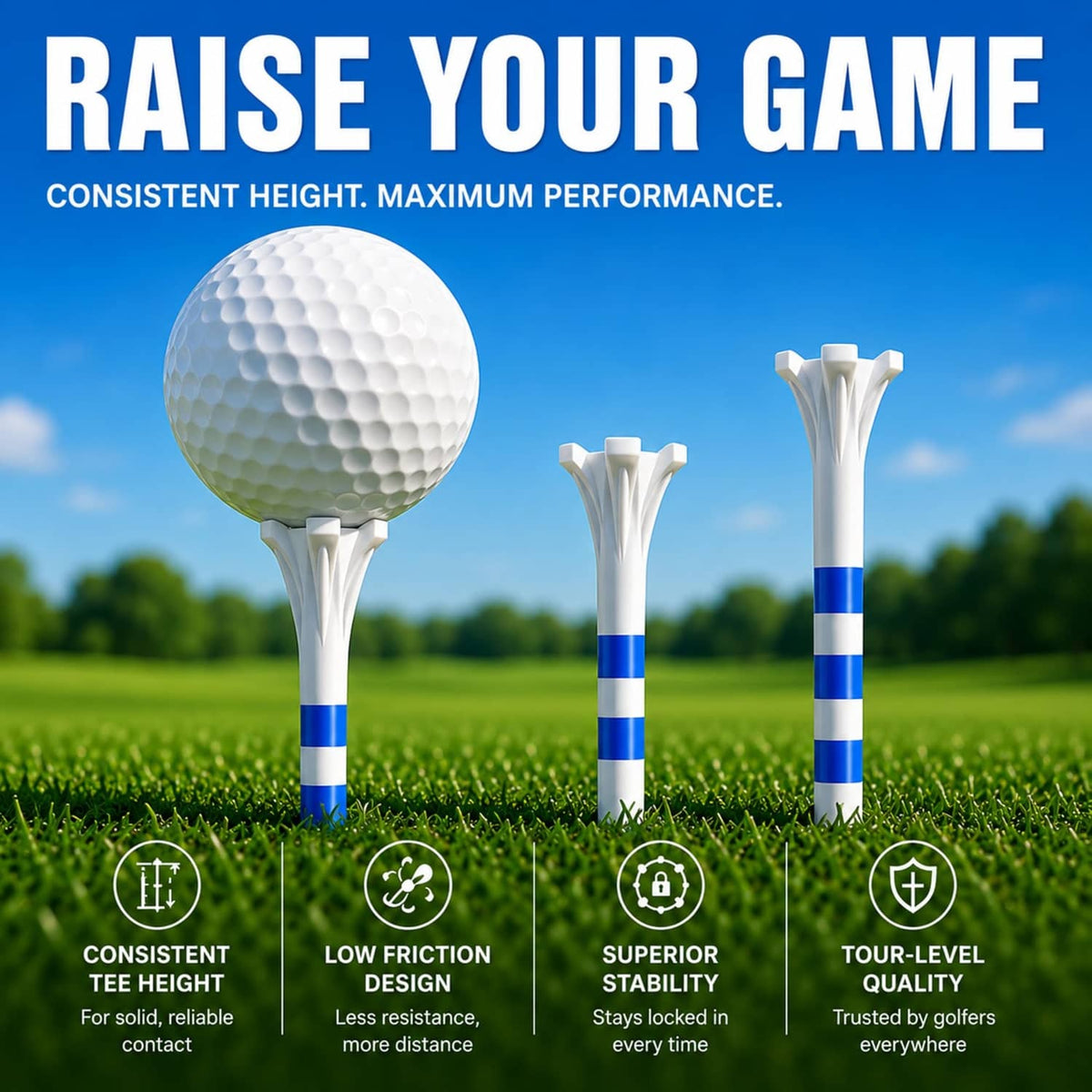 Pack of white golf tees with blue stripes, 5-prong heads