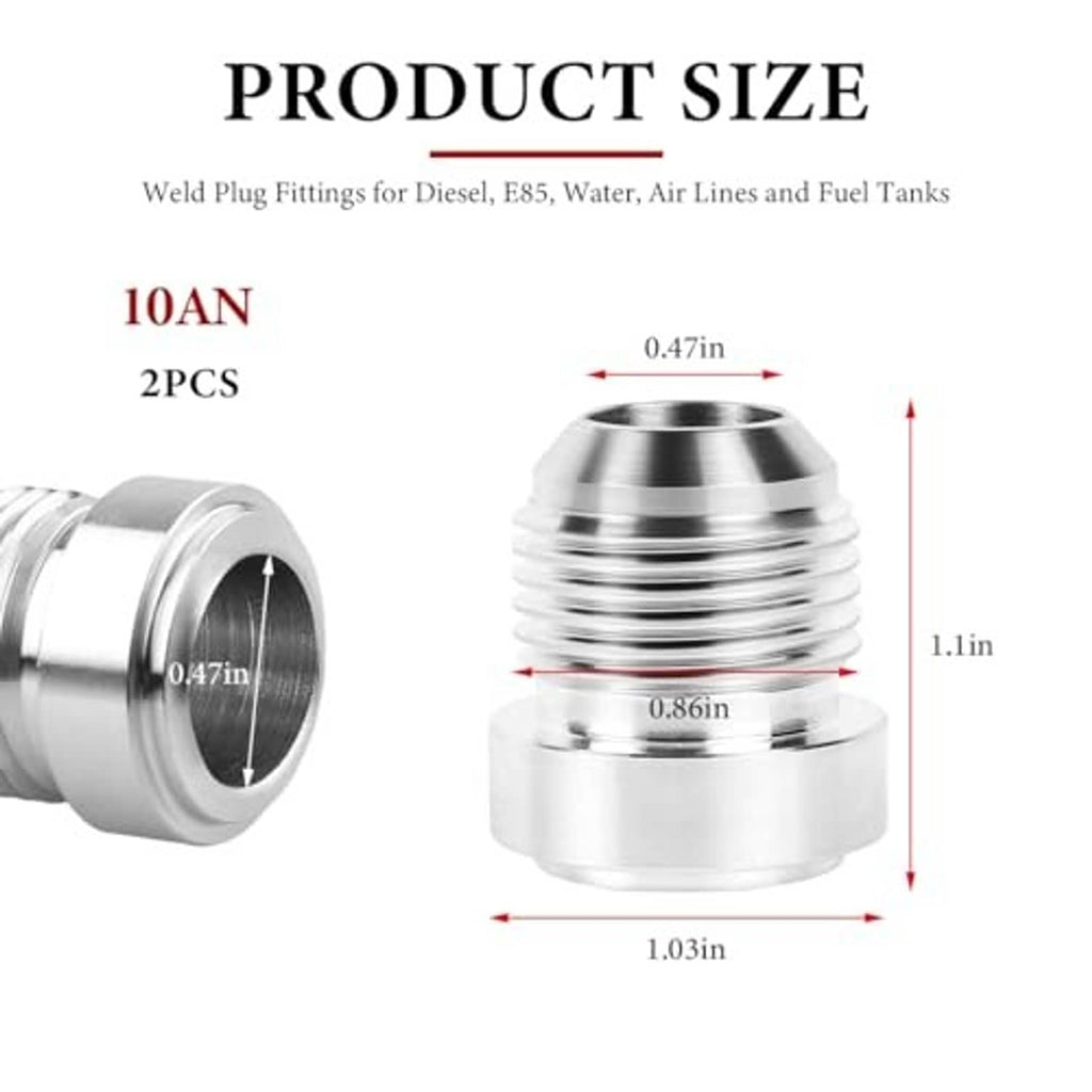 Aluminum AN10 male weld bung fitting, front and side views, silver