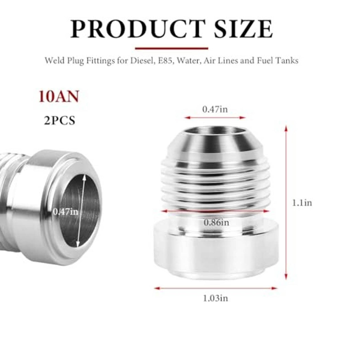Aluminum AN10 male weld bung fitting, front and side views, silver