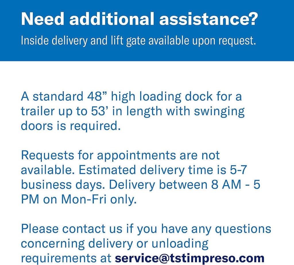 Delivery assistance information: lift gate available upon request and dock requirements