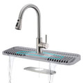 Light grey silicone faucet deck plate with snap-in cleaning mat and curved faucet spout