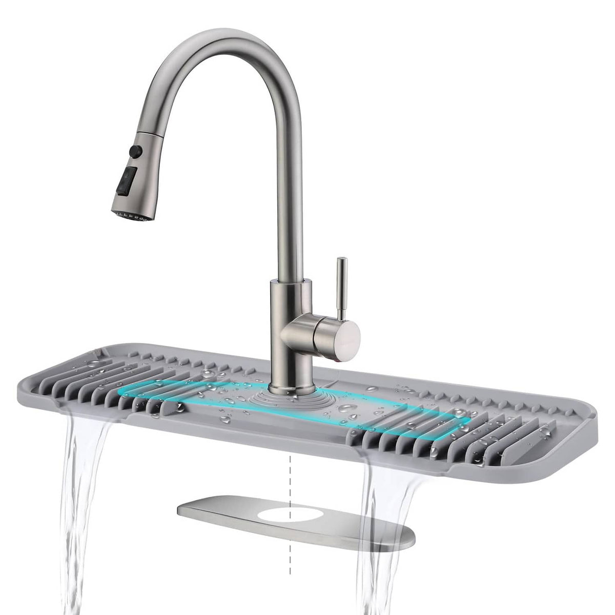 Light grey silicone faucet deck plate with snap-in cleaning mat and curved faucet spout