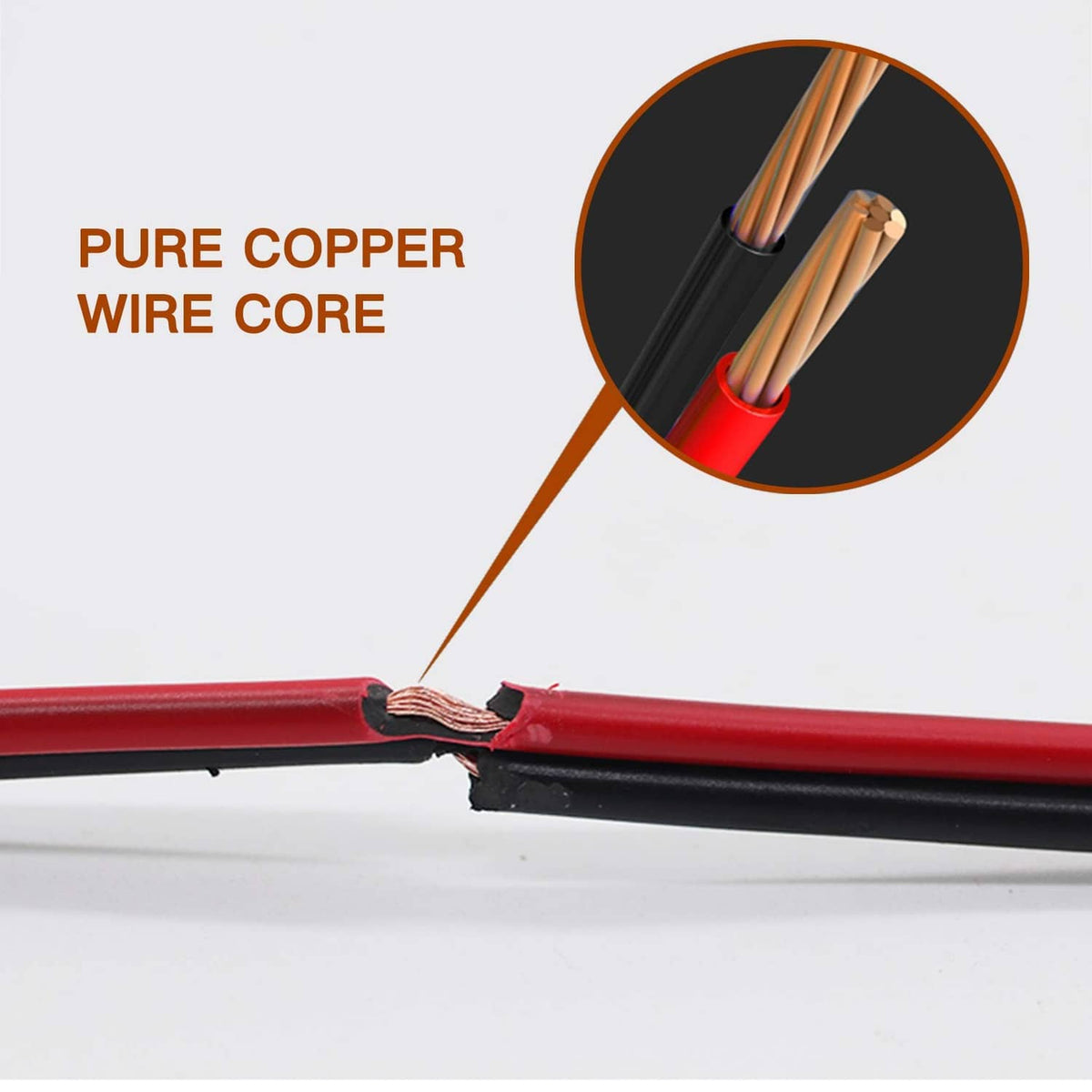 DC power wiring with exposed inner conductor inside red and black insulated cable ends