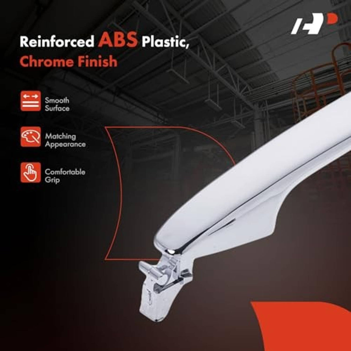 Chrome front exterior door handle with reinforced ABS plastic housing and smooth surface.