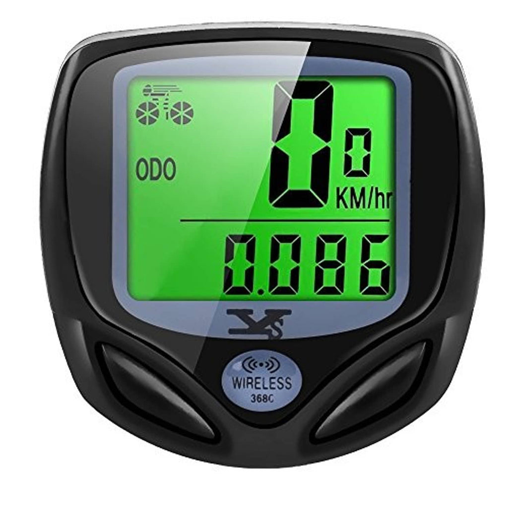 Wireless bike speedometer with green LCD showing speed, ODO, and trip distance