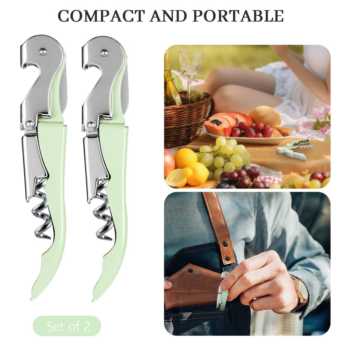 2-pack waiter corkscrews with mint green grips and chrome key handles
