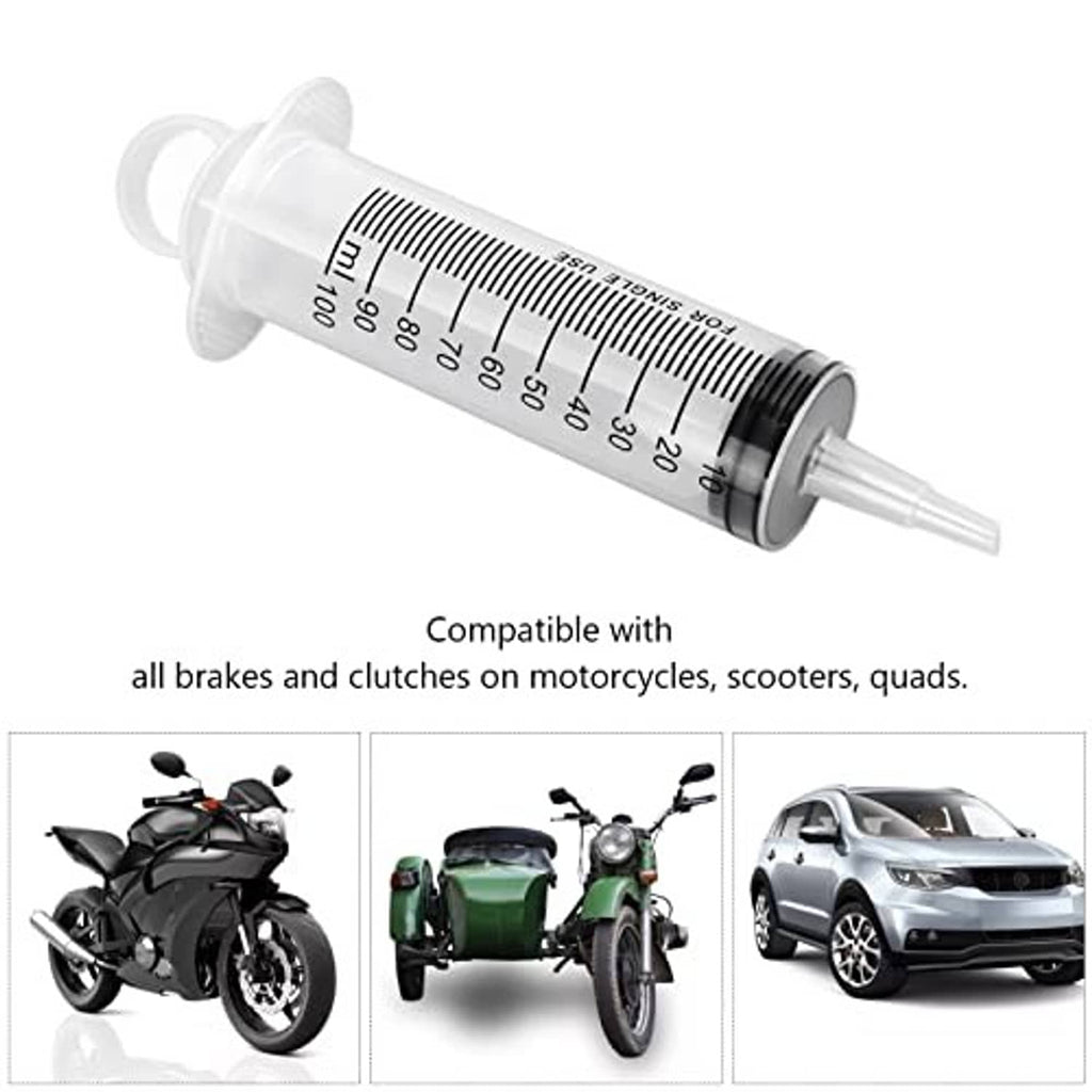 Hydraulic brake bleeder syringe with measurement scale and compatibility cards (kit)