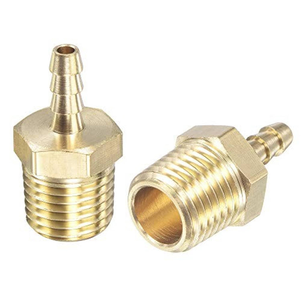 Brass straight hose barb fitting, showing hex head, barb end, and male NPT threads