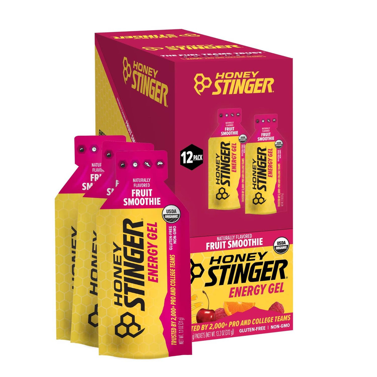 Honey Stinger organic fruit smoothie energy gel multipack with 12 packets in display box