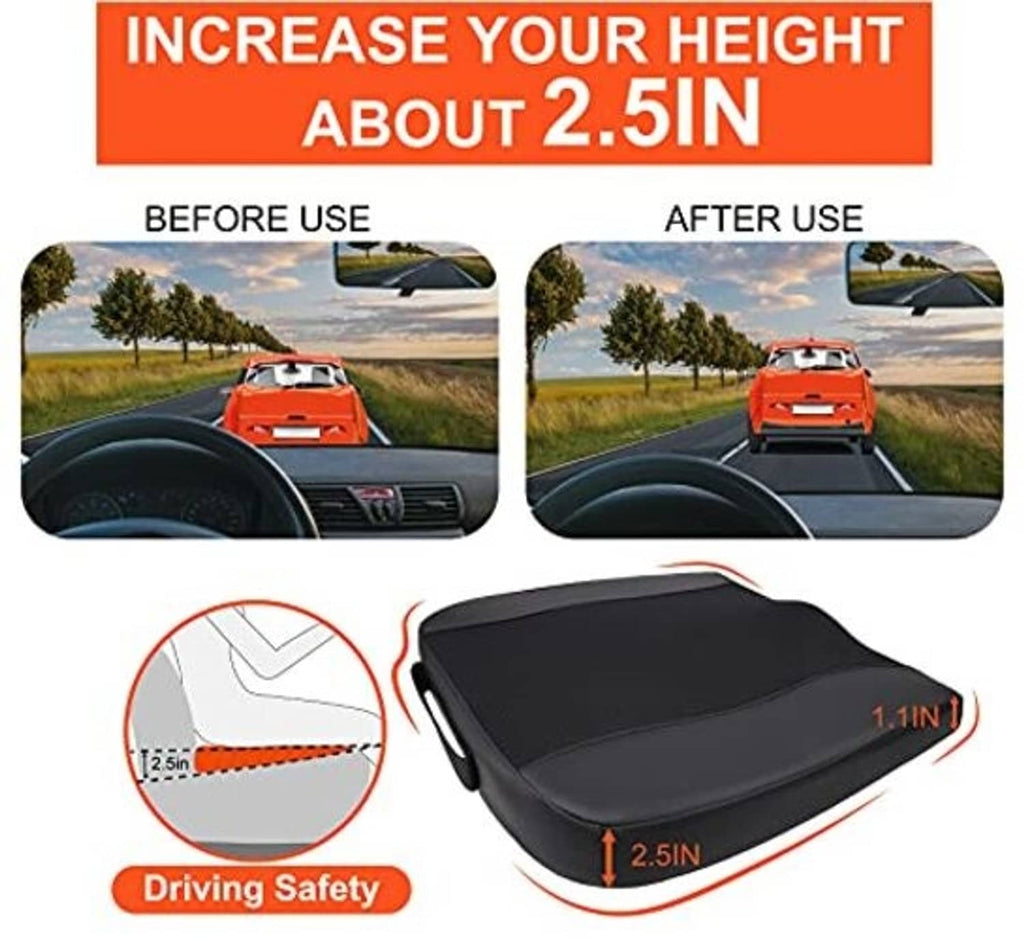 Black car seat cushion with contoured shape for added height
