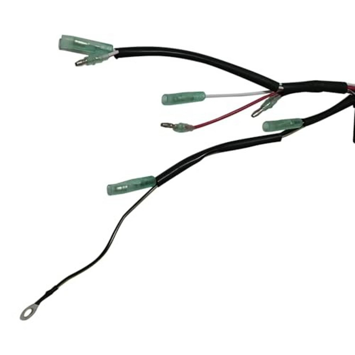 Ignition wiring harness with black cables and green spade connectors