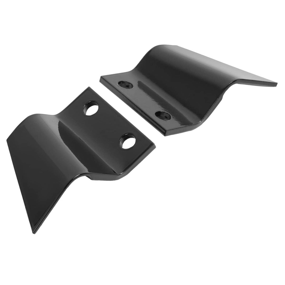 Three black steel trencher cup teeth with circular mounting holes