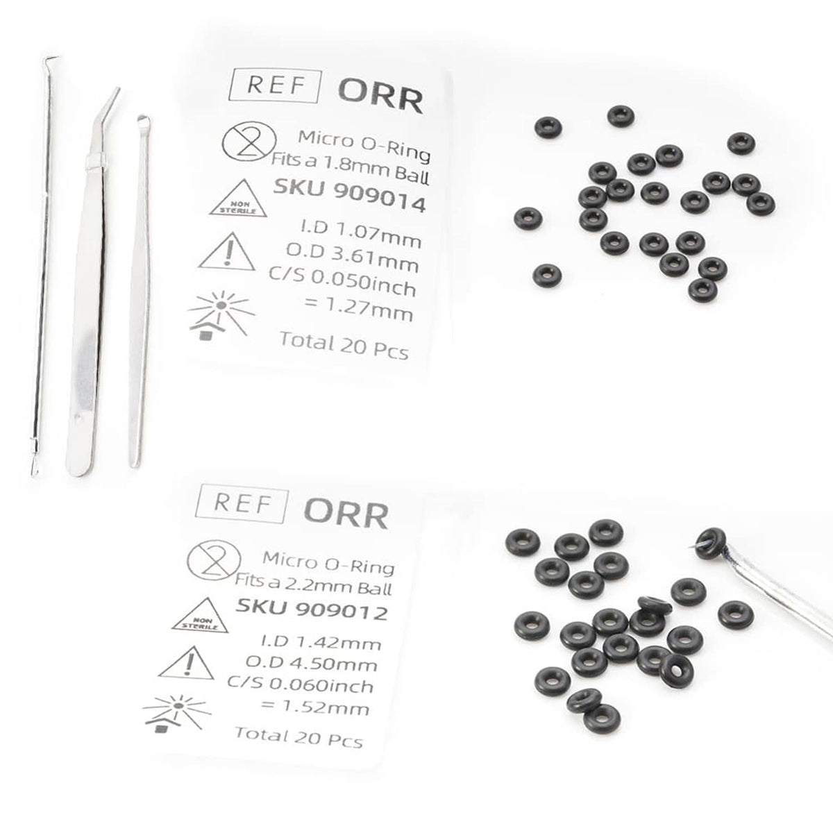 Black micro O-ring replacement kit with 20 small rings and insertion tools