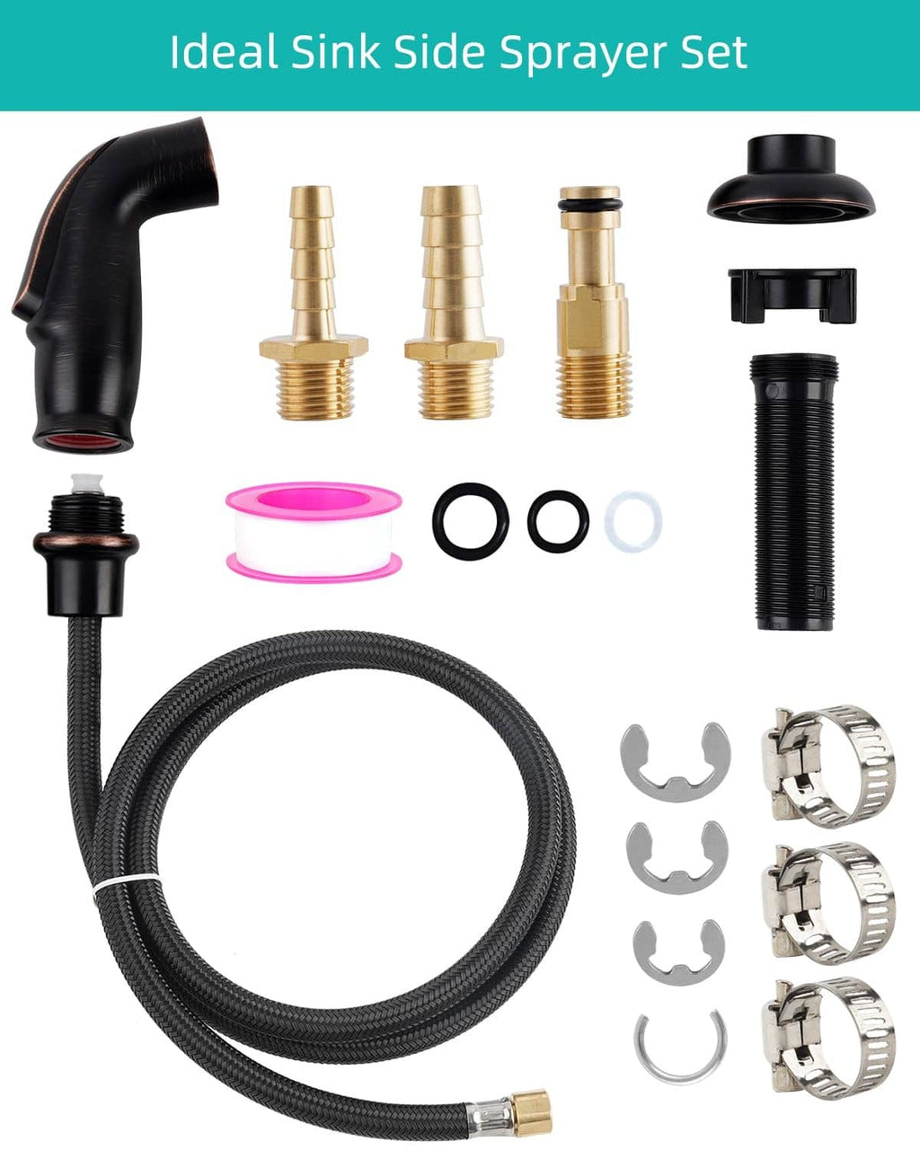 Kitchen sink side sprayer set with black hose, black head, bronze fittings, and spare seals