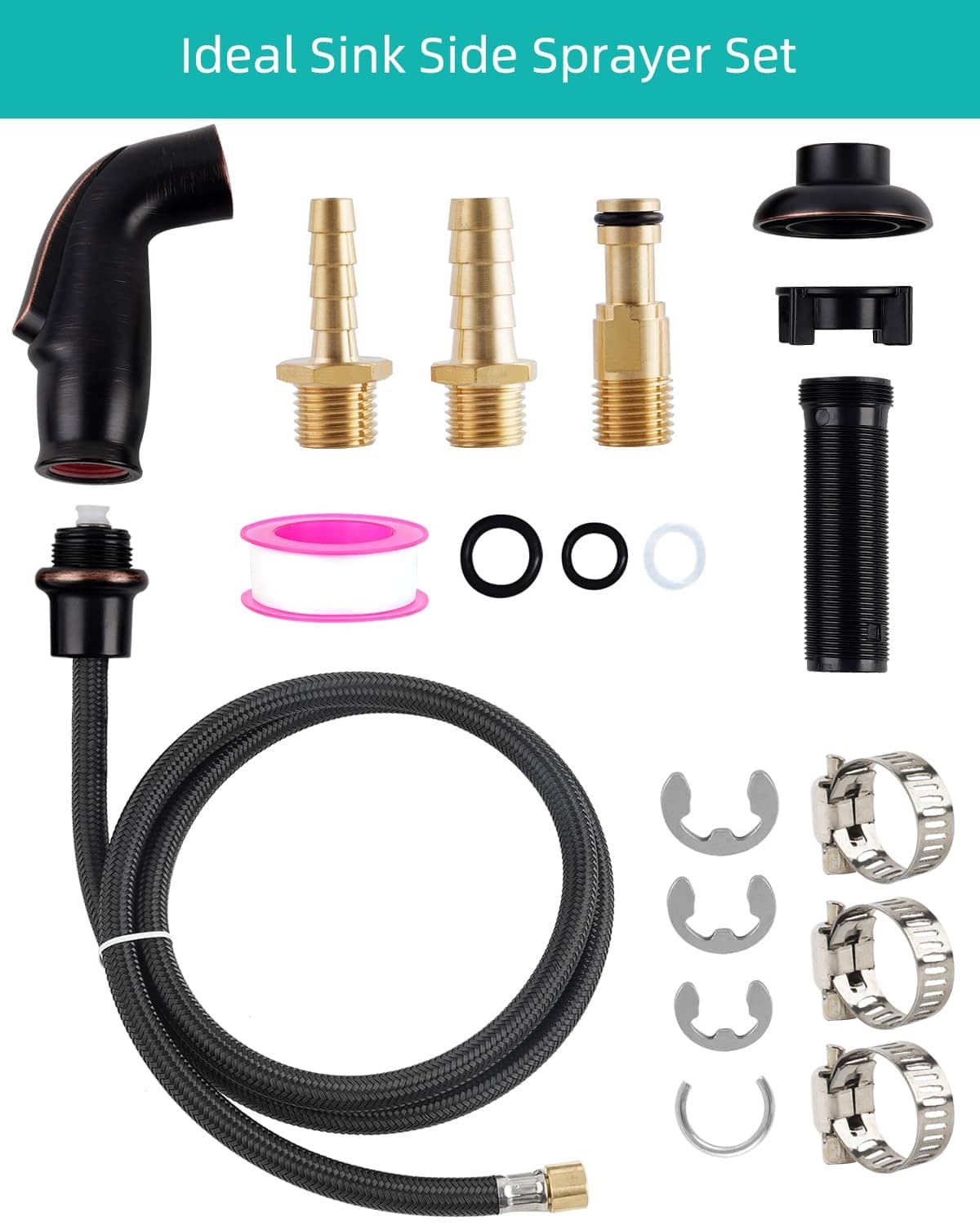 Kitchen sink side sprayer set with black hose, black head, bronze fittings, and spare seals