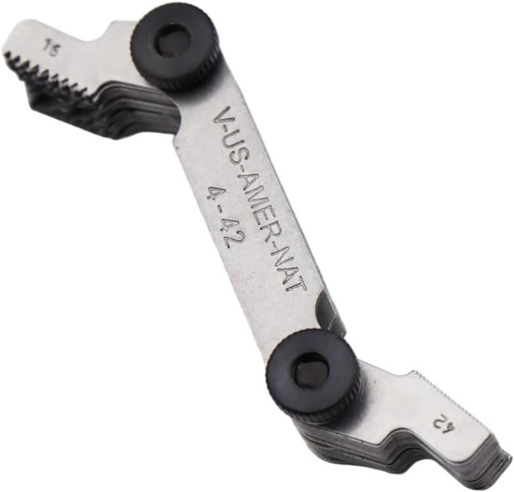 Thread pitch gauge angled view with black caps and V-US-AMER-NAT marking
