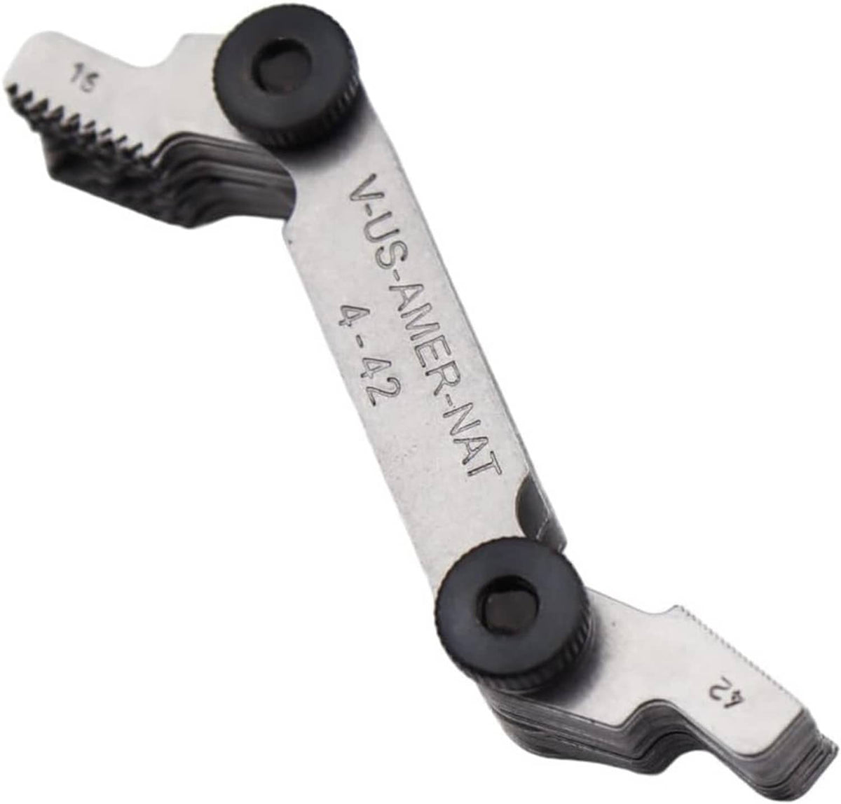 Thread pitch gauge angled view with black caps and V-US-AMER-NAT marking
