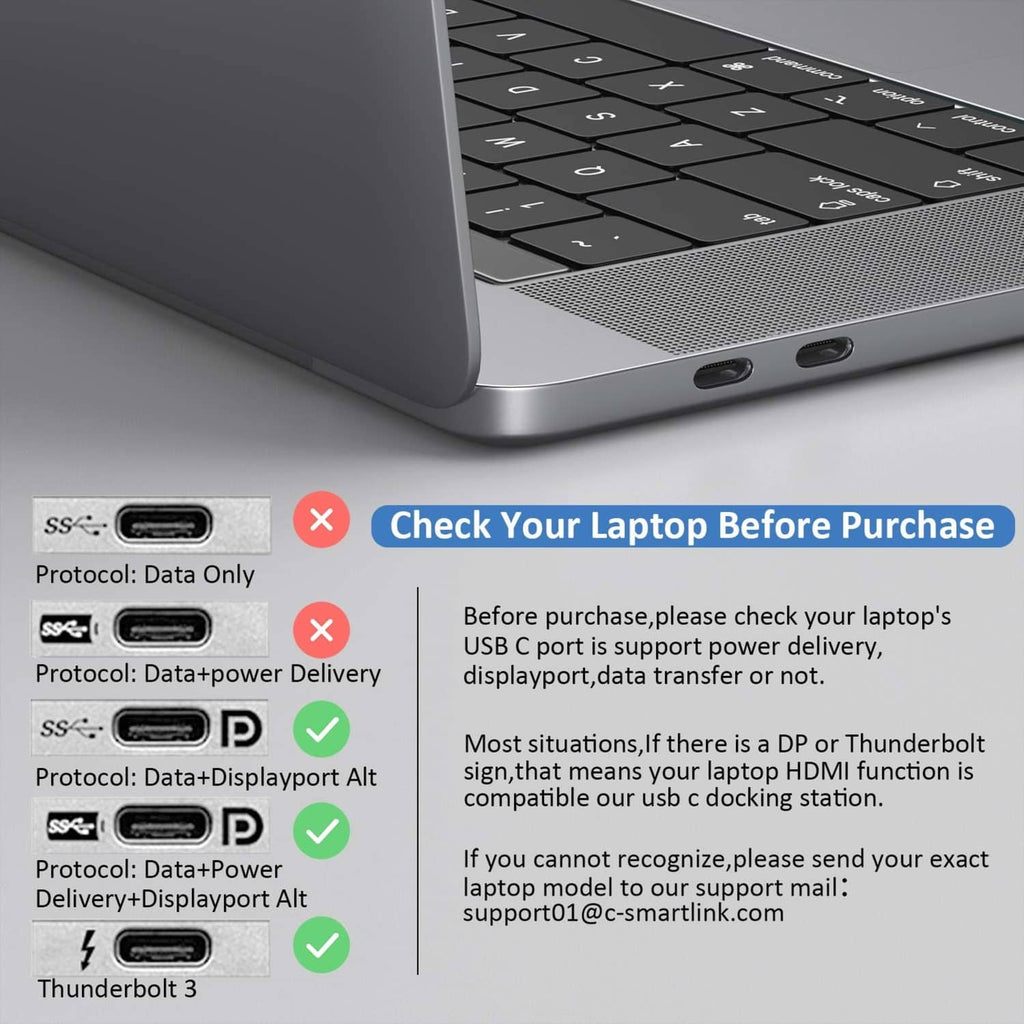 Close-up of laptop USB-C dock ports with Ethernet and video connector openings