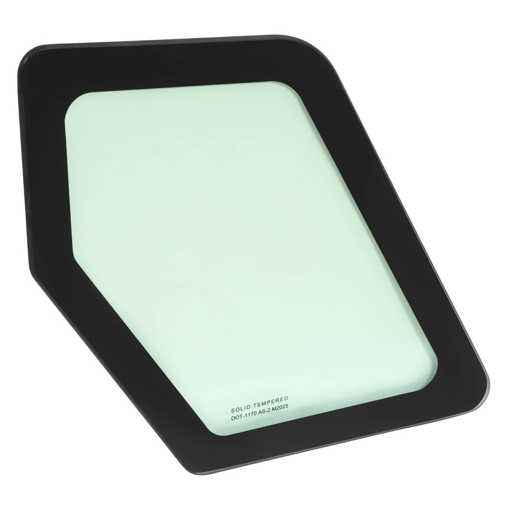 Cab glass window panel with black frame and light green tinted glass, front view