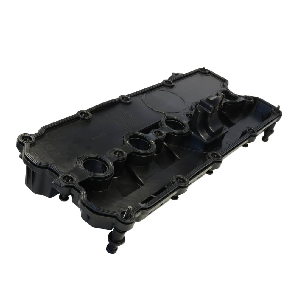 Engine valve cover top with four circular openings and oil cap, black plastic