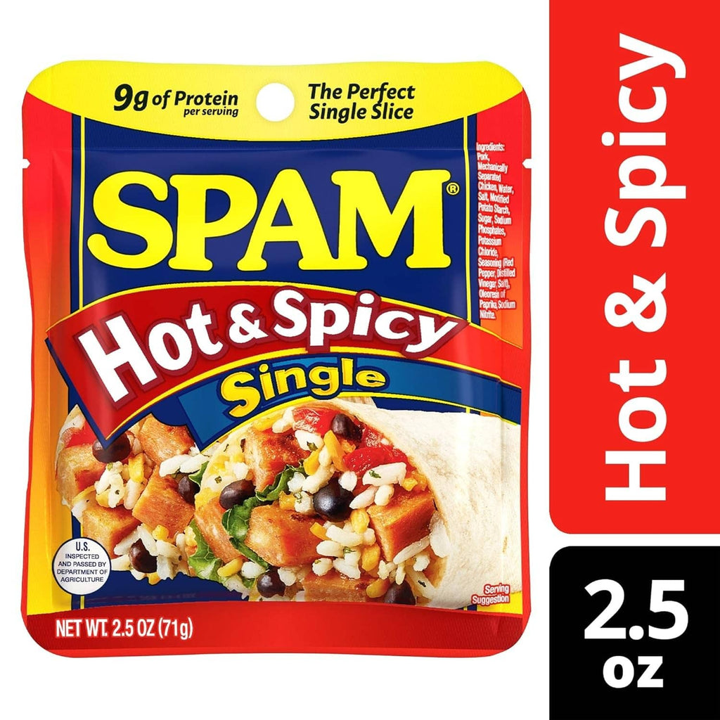 Hot & Spicy SPAM single pouch with 2.5 oz marking, package side view