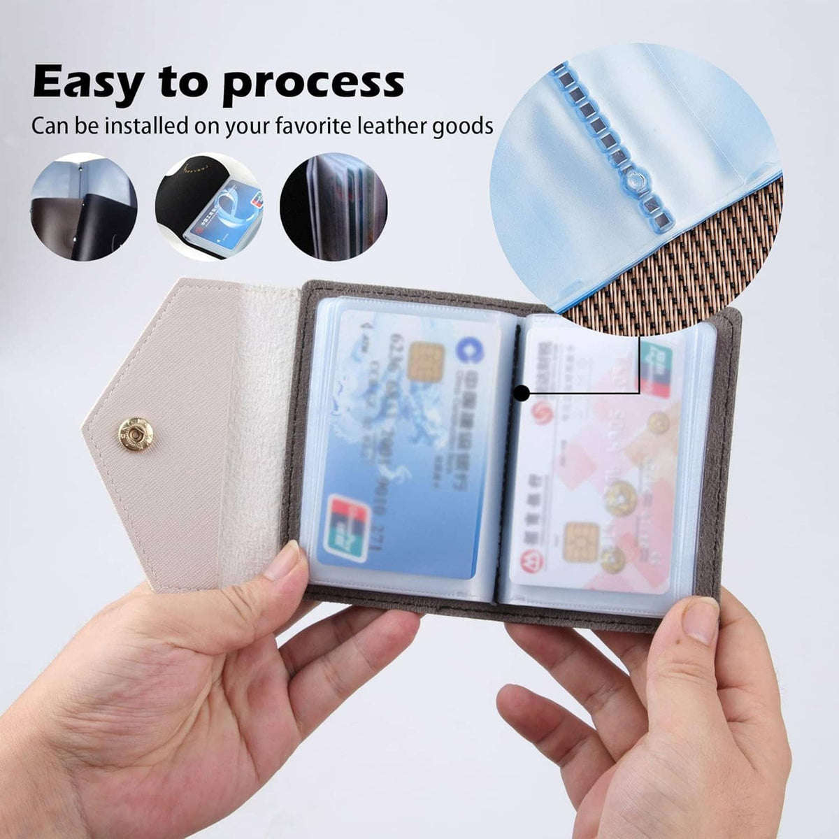 Light blue transparent plastic wallet insert, open with credit cards in side-by-side slots