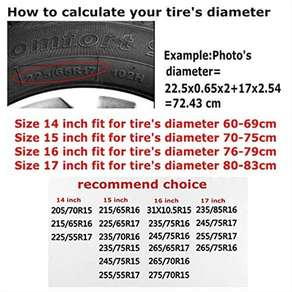 Spare tire cover size chart with tire diameter examples and inch fit ranges
