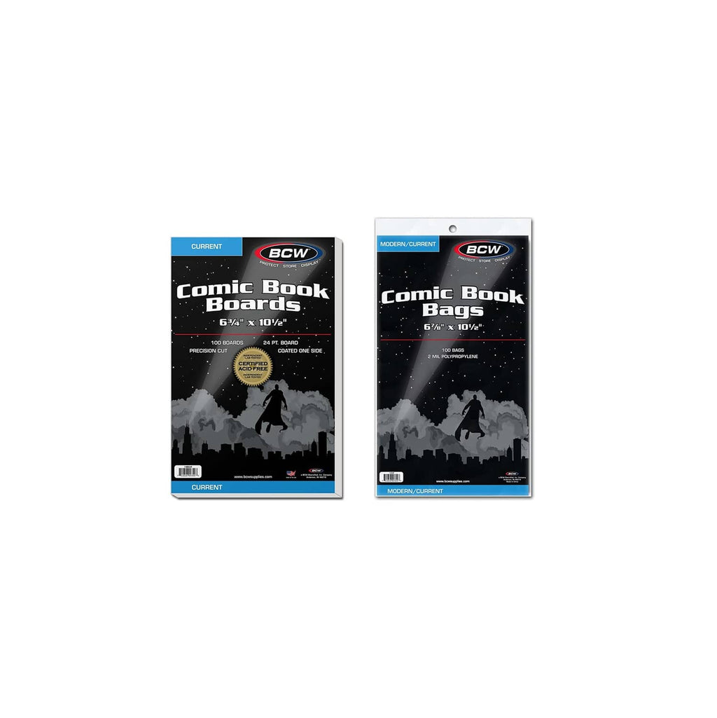 BCW comic book boards and bags packaging, two retail boxes side by side