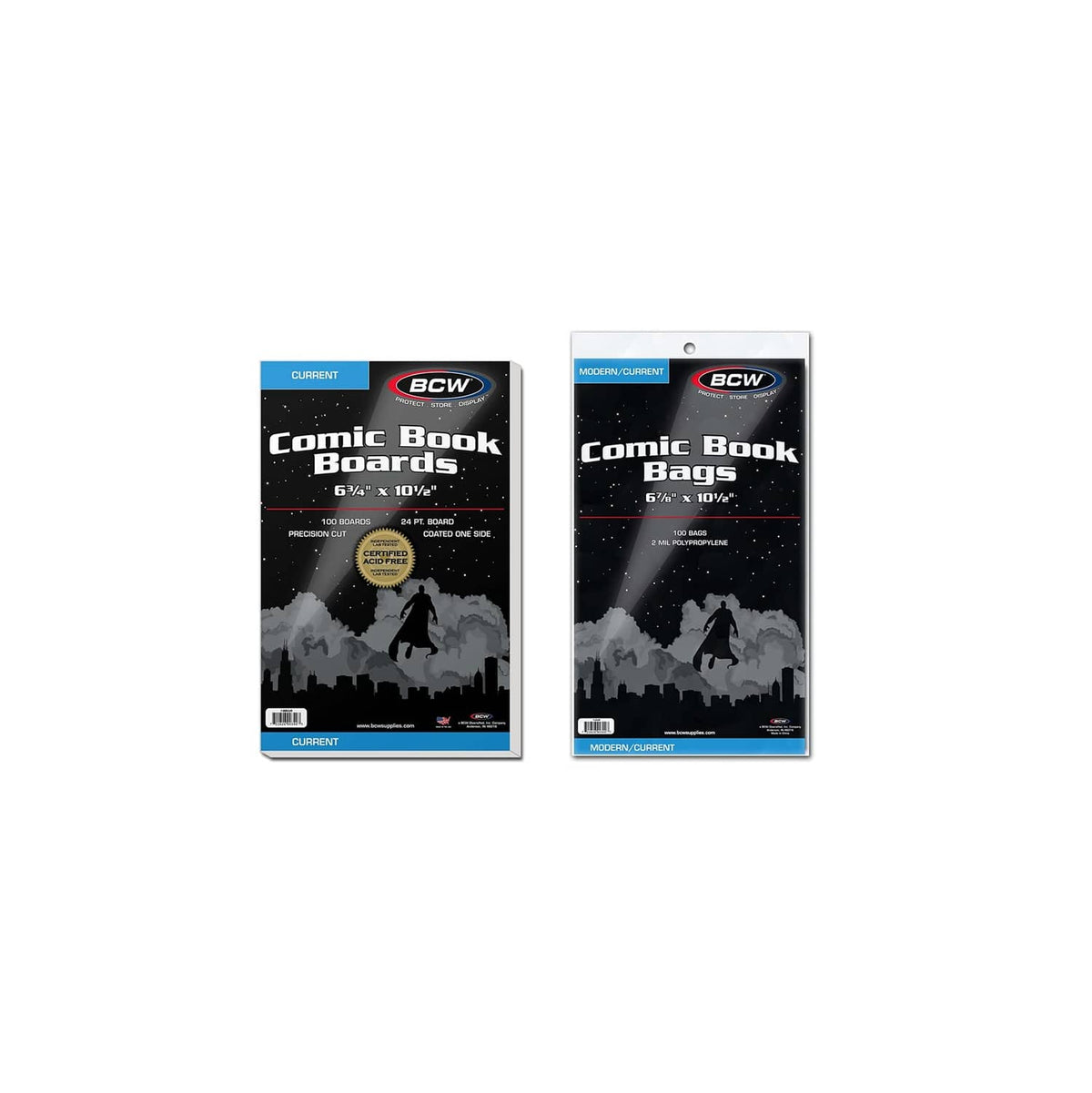 BCW comic book boards and bags packaging, two retail boxes side by side