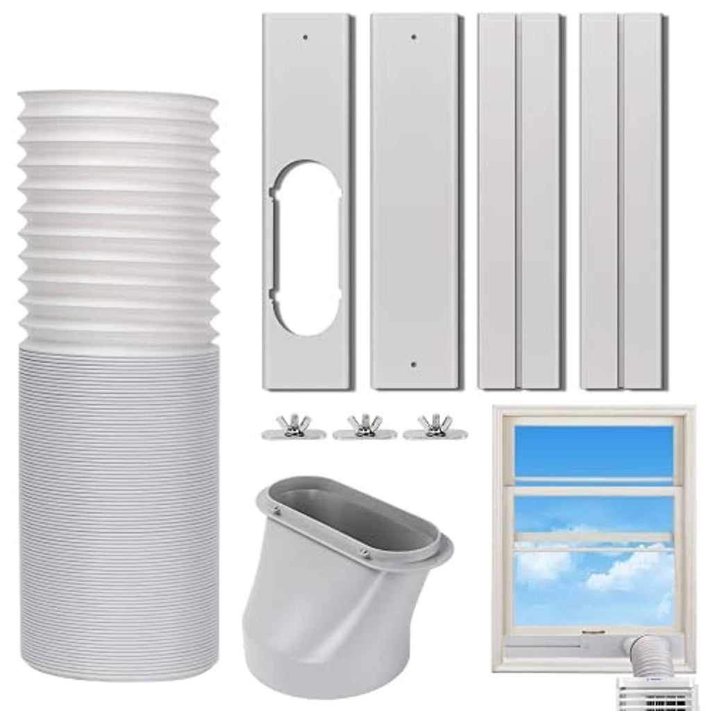Portable air conditioner exhaust hose kit: white corrugated hose, mounting plates, gray elbow