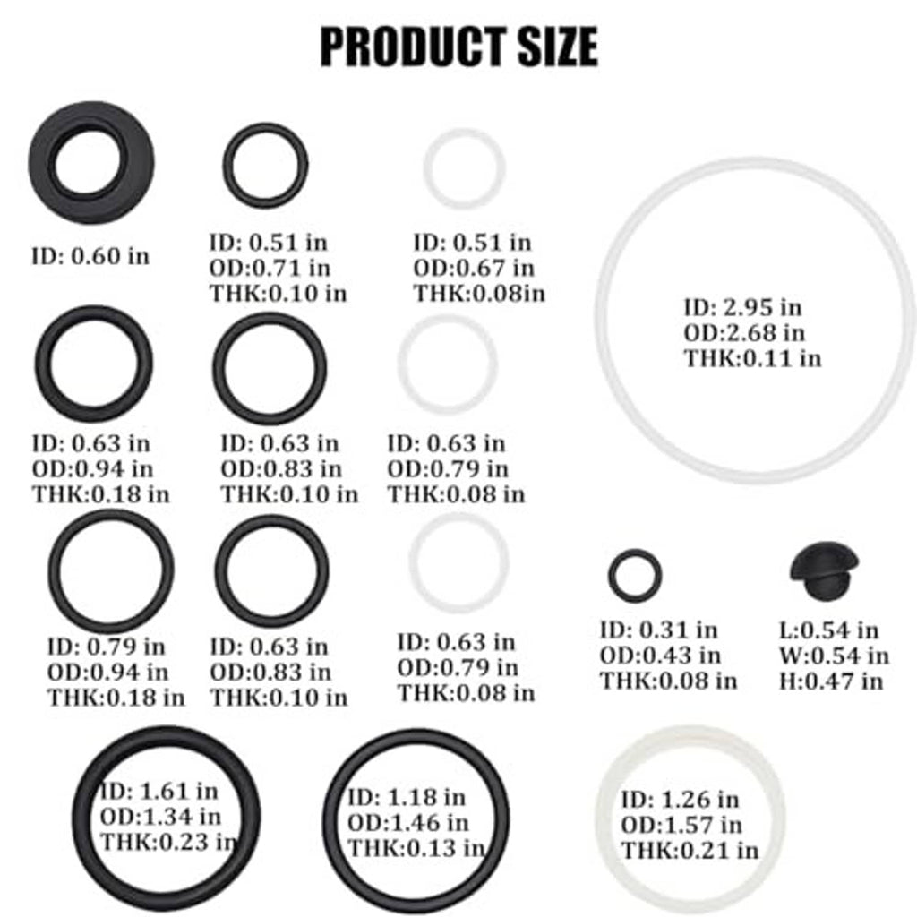 O-ring seal repair kit with multiple black and white rings and product size measurements