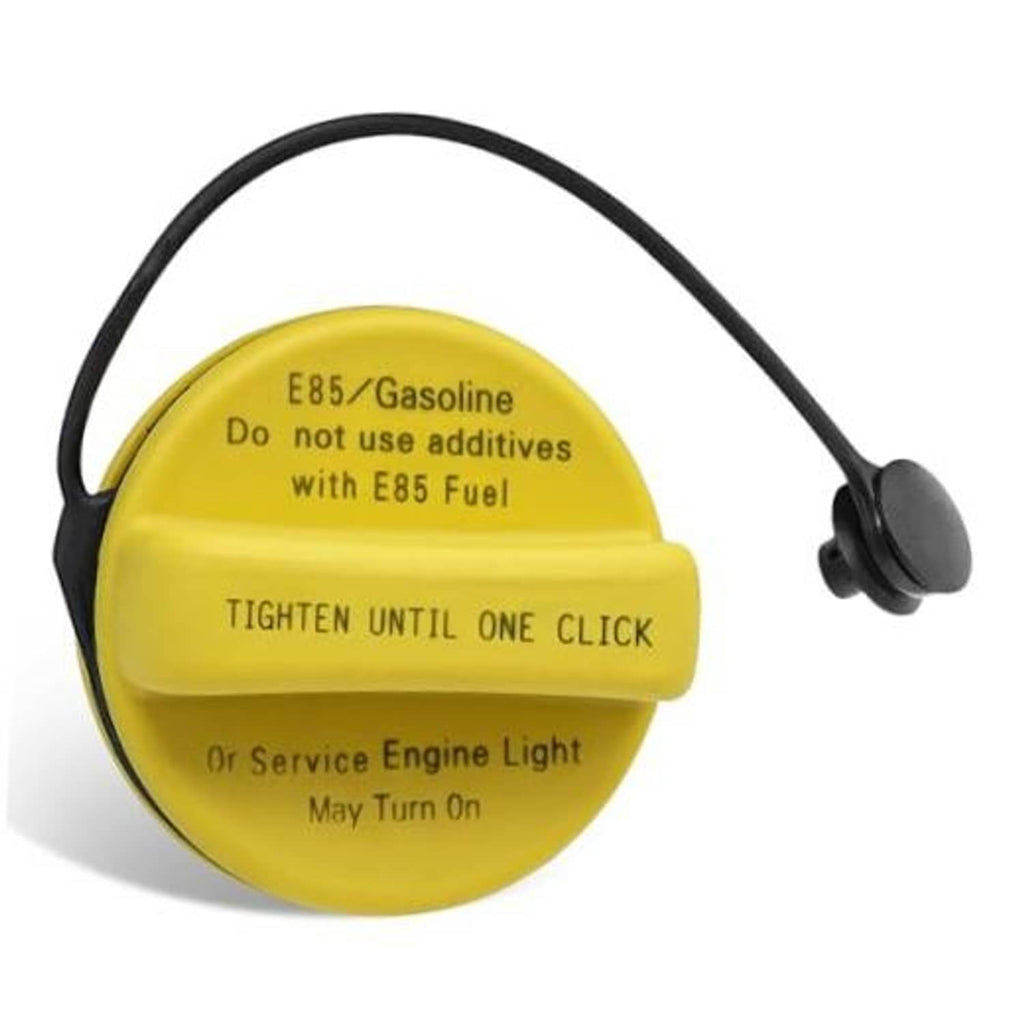 Yellow fuel tank gas cap with “E85/Gasoline” warning text on top