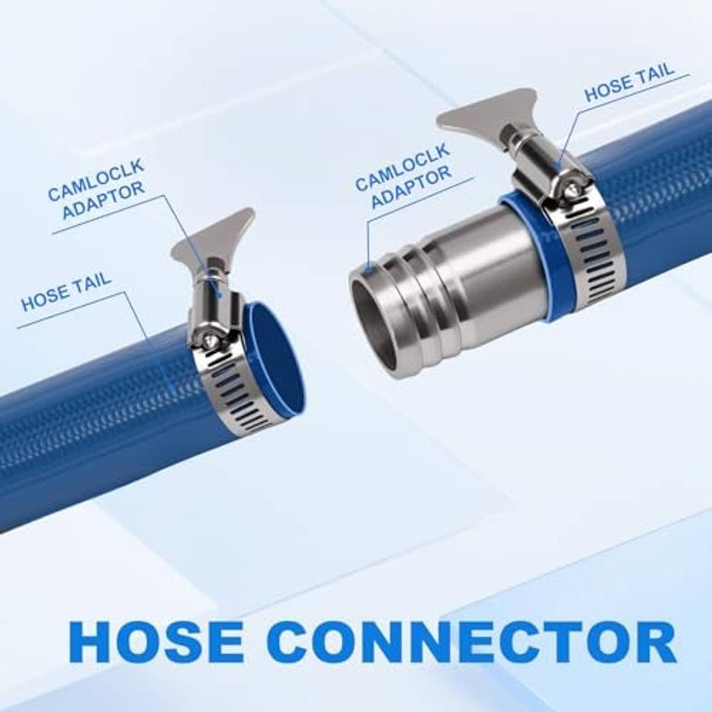 304 stainless steel hose barb fitting connected to a hose tail on a hose