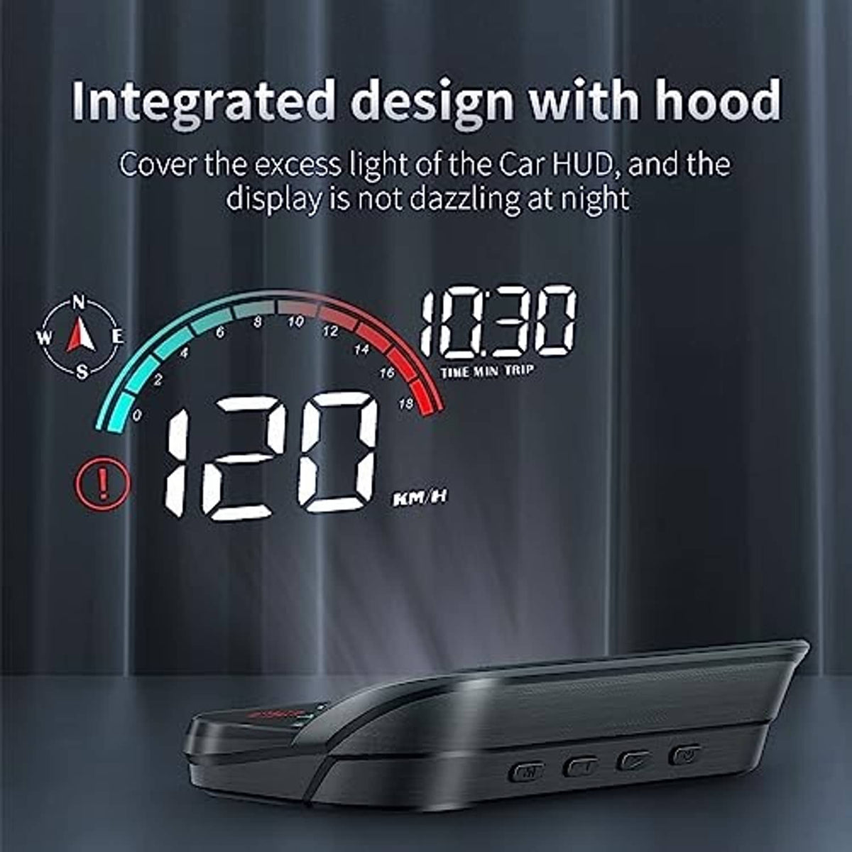 HUD speed display gauge with protective hood cover and large 120 km/h readout