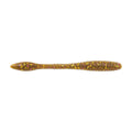 Soft fishing worm bait in olive green with pink and purple speckles, slender shape