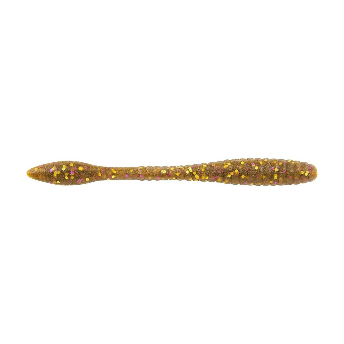 Soft fishing worm bait in olive green with pink and purple speckles, slender shape