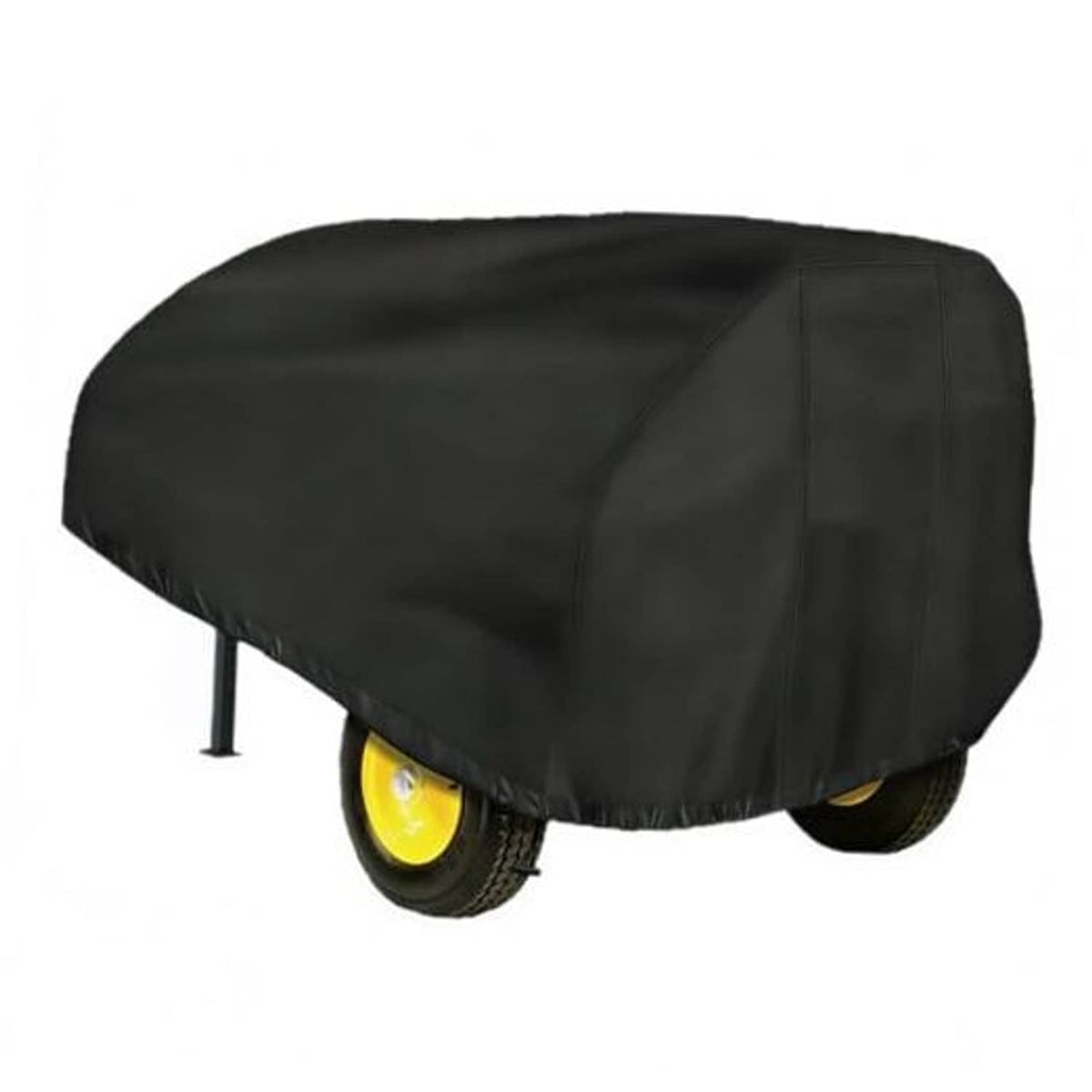 Black waterproof log splitter cover with fitted hood over wheels