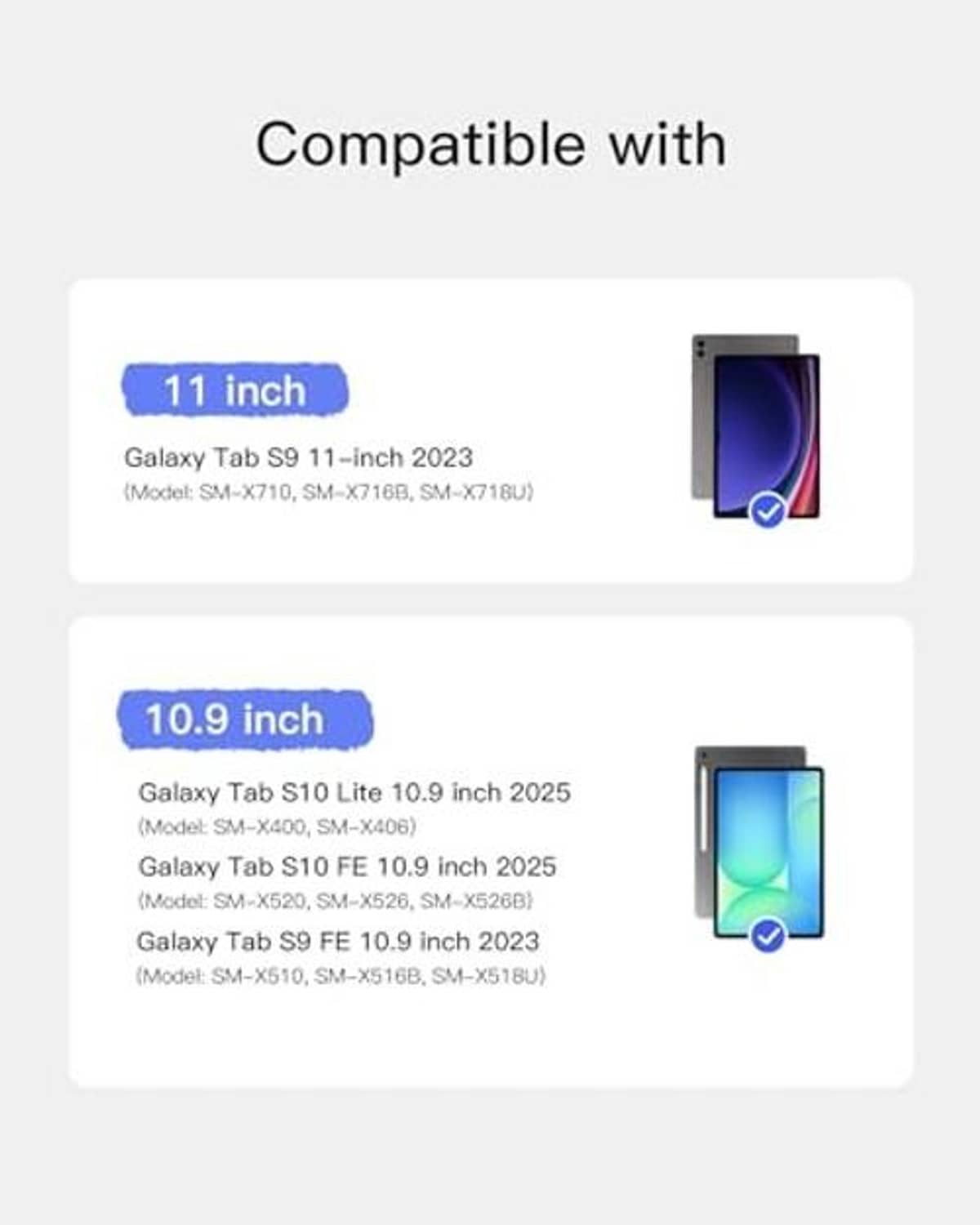 Compatibility guide showing supported 10.9-inch and 11-inch tablets for keyboard case