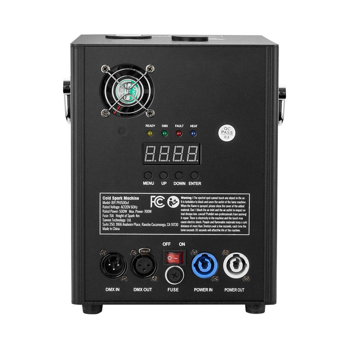 Cold spark machine front control panel with LED display, DMX ports, and power switches
