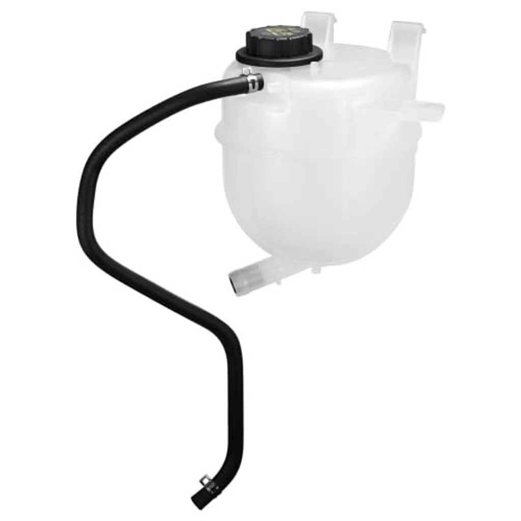 White coolant expansion reservoir with black hose and round cap