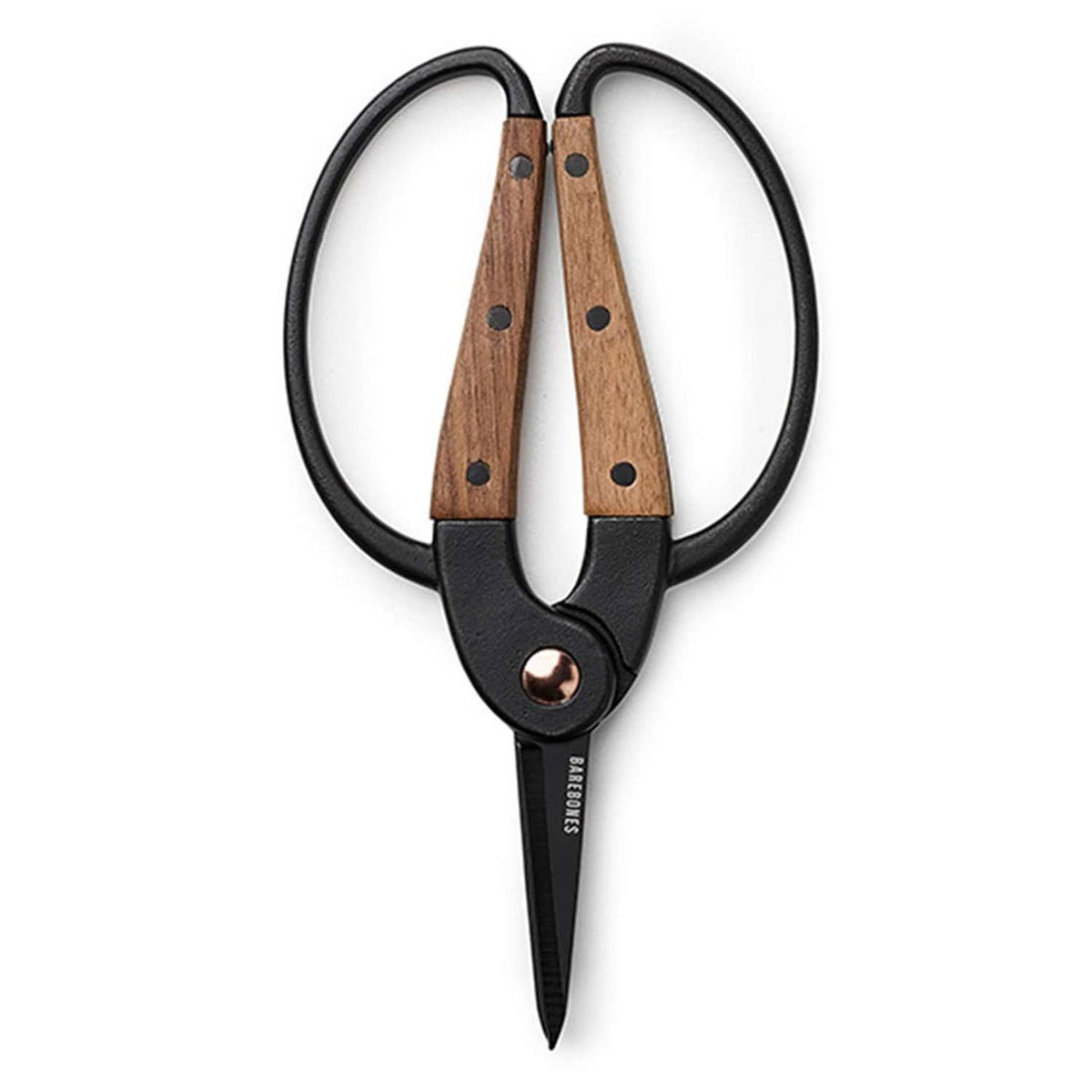Garden shears with U-shaped finger loops, black frame, and wooden handle panels.