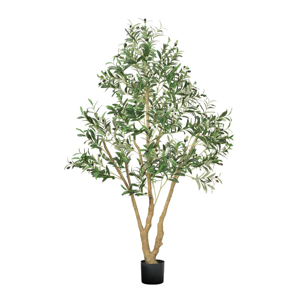 Tall artificial olive tree with dense green leaves in a black pot