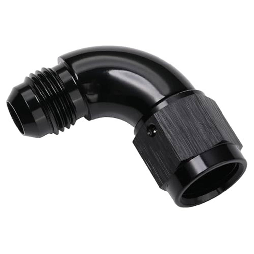 Black 90-degree swivel AN adapter fitting with angled hose connection ports