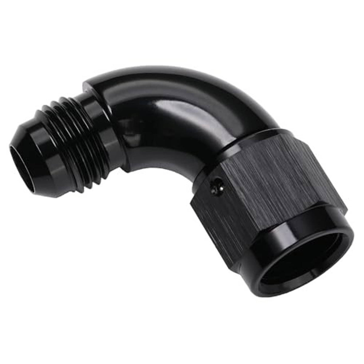 Black 90-degree swivel AN adapter fitting with angled hose connection ports