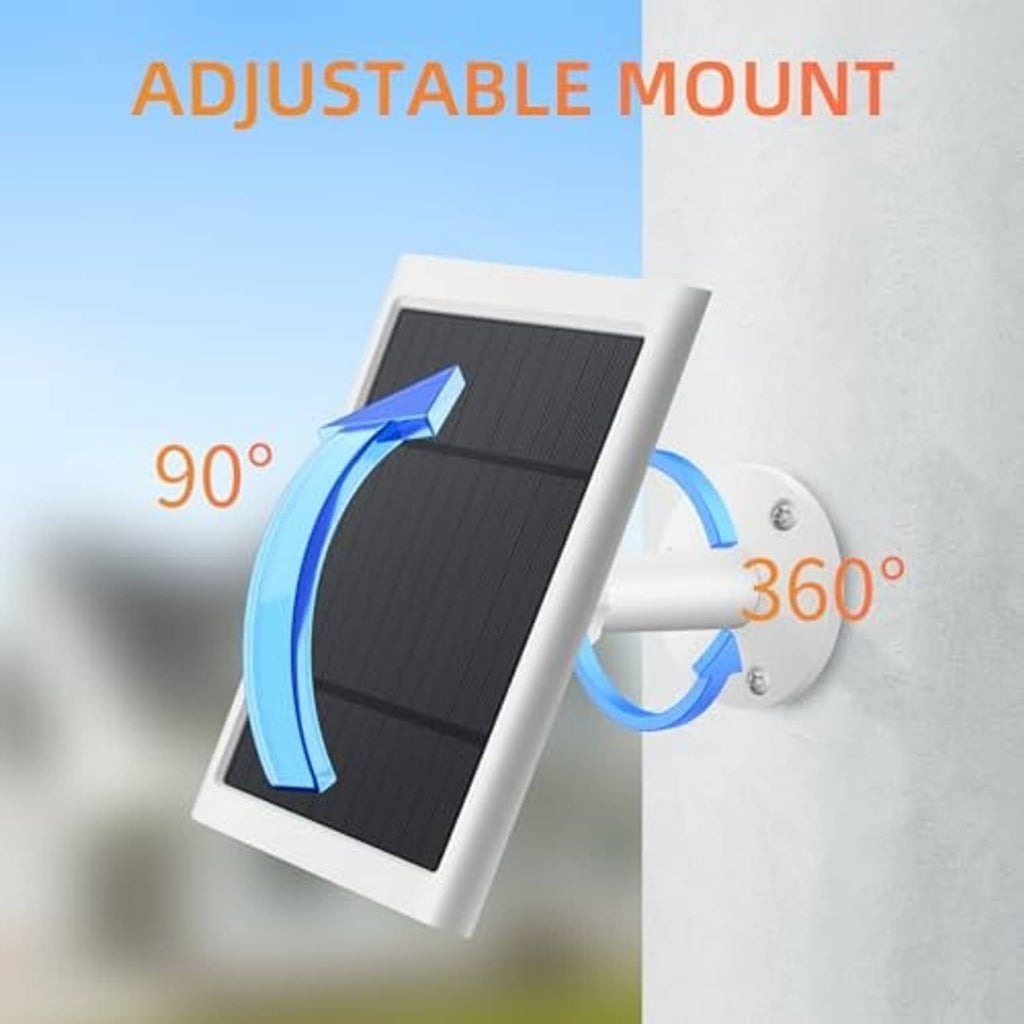 Adjustable wall-mount solar panel charger with tilting dark panel and white bracket