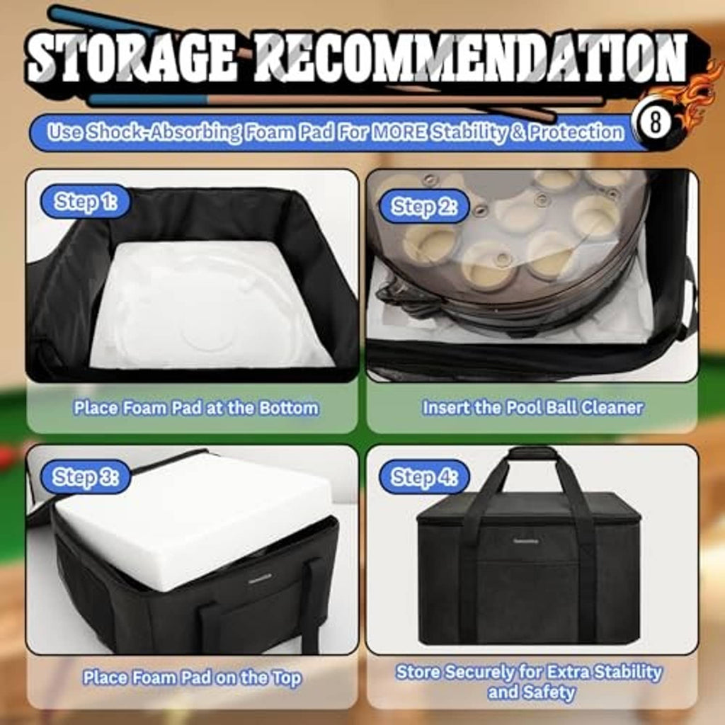 Black storage bag with foam pad and zippered opening for pool ball cleaner storage
