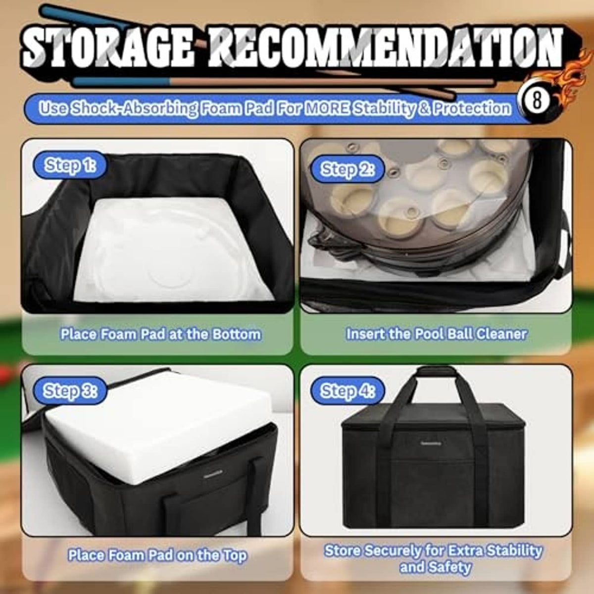 Black storage bag with foam pad and zippered opening for pool ball cleaner storage