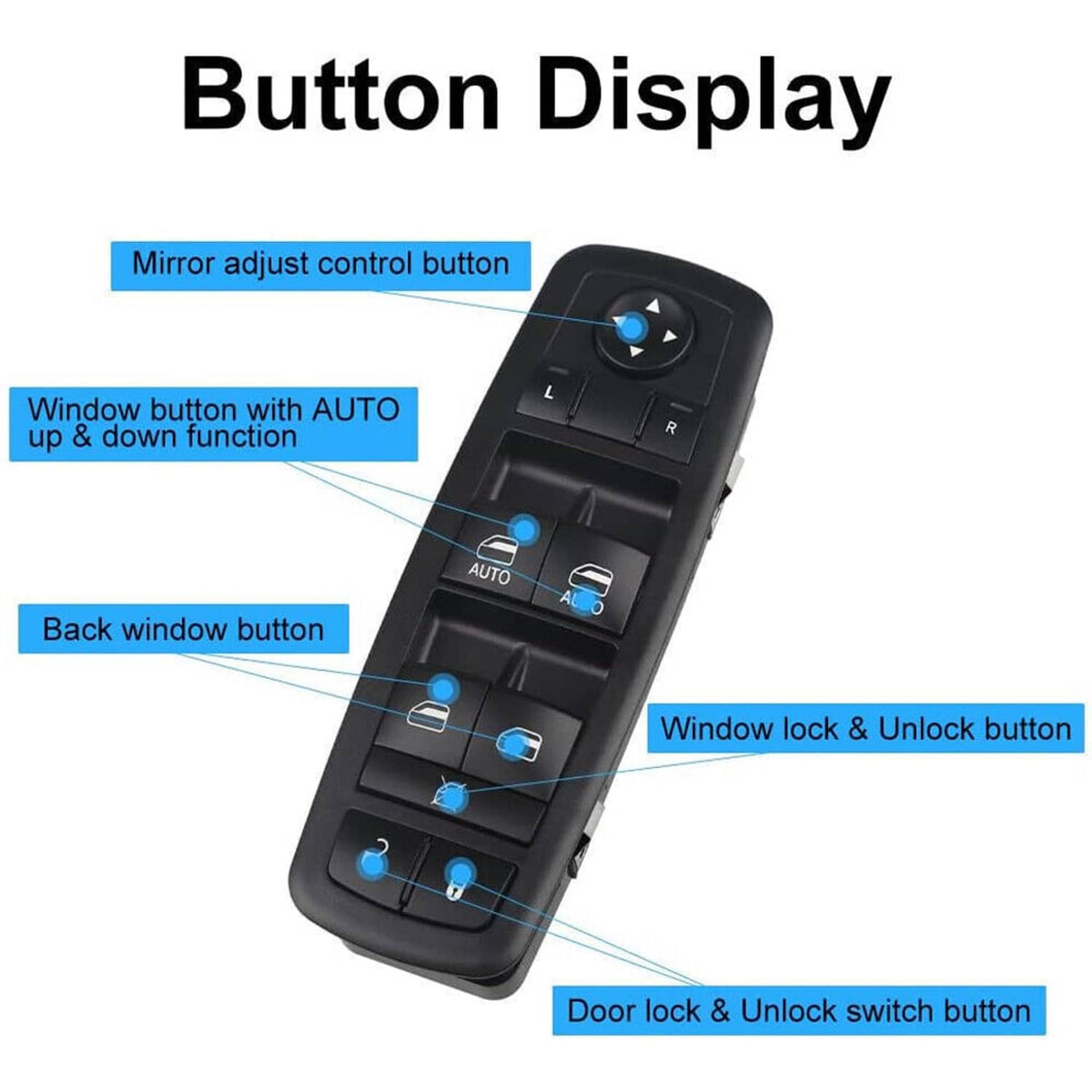 Black window control switch showing AUTO, mirror adjust, and lock/unlock buttons