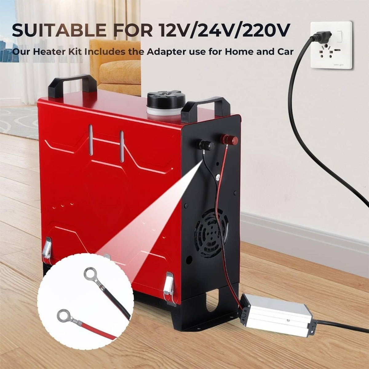 Red diesel air heater with power adapter and cables on a floor
